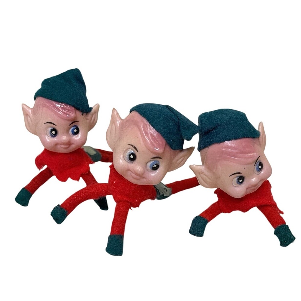 3 Vintage 1950s Pixie Elf Sitting Crawling Felt knee hugger Christmas Ornament